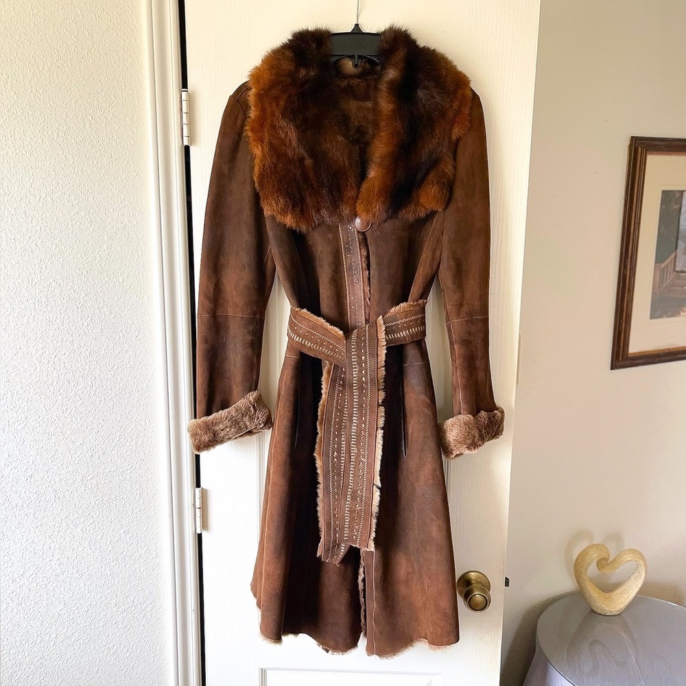 Rizal Toscana Shearling Coat Belted Fur Collar Brown US 10 GUC